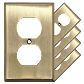 Rio Salto BRASS Metal Duplex Antique Gold Metal Outlet Cover STANDARD SIZE Light Switch Cover Wall Plate, Single Receptacle Wallplate Covers Single Antique Matte Gold Finish (Duplex, 1-Gang, 5-Pack)
