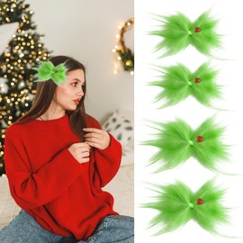 4 Pcs Christmas Green Furry Bow Hair Clips with Red Heart Christmas Decorations Hair Clip for Women Festive Holiday Costume Hair Accessories