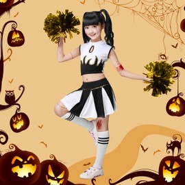 LOLANTA Girls Cheerleader Costume Cheerleading Children Dress Outfit Uniform with PomPoms(Black, 11-12 years, Tag Size 160)