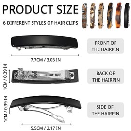 6 PCS French Hair Clip 7.5cm/3" Barrette Tortoise Shell Acetate French Barrettes Hair Clips Delicate Hair Accessories Colorful Hair Slides Barrette Hair Clips for and Women (Six Colors)