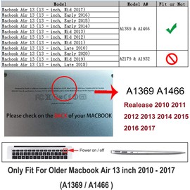 Ruban Funda rígida para Macbook Air de 13 pulgadas, 2 en 1 cubierta rígida suave al tacto y cubierta de teclado para MacBook Air de 13.3 pulgadas, modelos:A1369 / A1466., Negro, Macbook Air de 13"