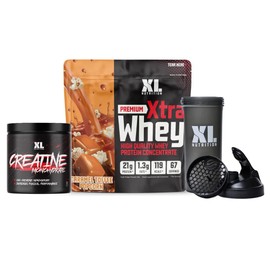 XL Nutrition Creatine Monohydrate Powder & Whey Protein Bundle. High Protein, Low Carb, Supports Muscle Growth, Includes Shaker Bottle (2kg, Caramel Toffee Popcorn)