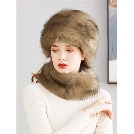 Lovful Faux Fur Women Russian Cossack Style Hat,Scarf Set for Ladies Winter,Camel