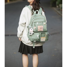 HORHEAR Kawaii School Backpack for Men and Women, Lightweight and with Accessories, for School and Leisure (Green)