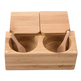 Vencier Bamboo Spice Salt & Pepper Box Magnetic Hinged Pot Includes 2 Spoons 2 Part Sectioned Wood Salt Pig for Herbs & Spices