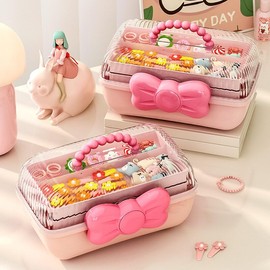 Cute Hair Accessories Organizer 3-Layers Kids Jewelry Storage Box Plastic Hair Accessories holder for Girls (Pink, 10.8 x 5.7 x 5.9 Inch)