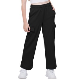 WULFUL Girl’s Cargo Sweatpants Wide Leg Fleece Lined Casual Pants for Girl Fall Winter Baggy High Waisted Pants with Pockets Black