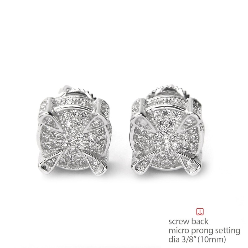Iced Bling Silver Plated 3D Round Screw Back Stud Earrings