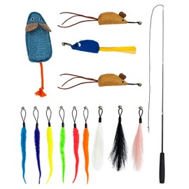 lionto Cat Toy 14 Piece Set Including Telescopic Tackle 12 Pendants with Bell and Plush Mouse Cat Fishing Rod with Padded Handle Catnip and Valerian Filled Toy Mice