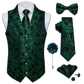 DiBanGu Silk Paisley Vest for Men Wedding Waistcoat and Necktie Bowtie Lapel Pin Set 7PCS Dress Vests for Suit or Tuxedo, Black and Green, Large