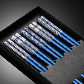 TIICOO Stainless Steel Chopsticks Reusable 18/8 Stainless Steel Laser Engraved Premium Titanium Dishwasher Safe Metal Chopsticks Lightweight Japanese Style 5 Pairs Chopsticks Gift Set (Blue)