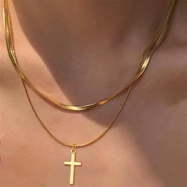 ALRNBY Cross Necklace for Women Men Trendy Gold/Silver Layered Cross Pendant Necklace Cross with Crown Jesus Rosary Necklace Christian Gift Sparkly Black Rhinestone Jewelry Gift
