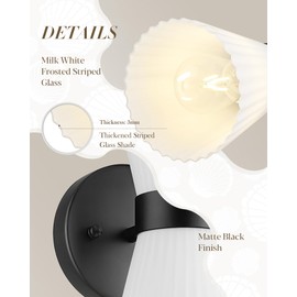 Modern Black Wall Sconce, HWH Up and Down Indoor Sconces Wall Lighting with Frosted Milk White Striped Glass Shade, Hardwired Wall Mounted Vanity Lamp for Bathroom, 5HZG97B-2W BK