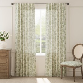 Vangao Linen Blend Green Floral Curtains for Bedroom, 84 Inch Length Printed Flower French Country Curtains for Living Room Light Filtering Drapes, Rod Pocket Window Treatments, 2 Panels Green