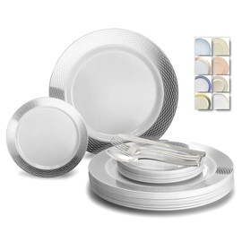 " OCCASIONS " 300 Pcs Set & 60 GuestWedding Disposable Plastic Plate & Silverware Combo Set (Diamond White & Silver plates, Silver Silverware)
