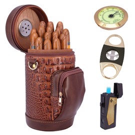 AMANCY Premium Leather Desktop Carry Travel Cigar Case with Pouch Kits, Portable Cigar Humidor for Golf Lovers,Serrated Edge Cutter and Popular Multifunctional 4-in-1 Cigar Lighter Set