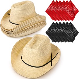 SATINIOR 24 Pieces Straw Cowboy Hats with Bandanas Party Pack Cowboy Hat Costume Bandanas for Head Black Red Western Party Cowboy Accessories for Adult Costume Western Theme Party Supplies