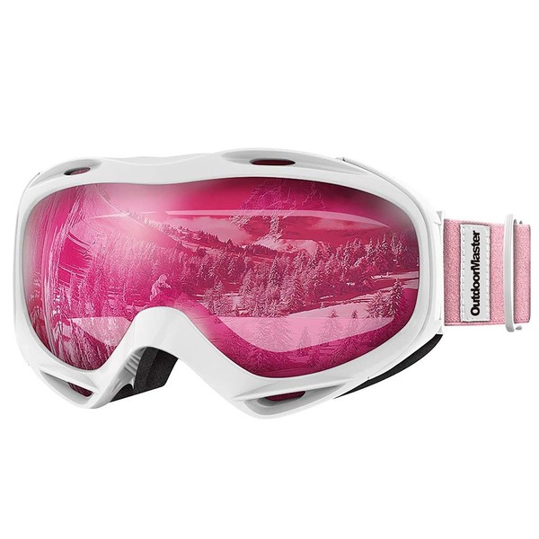 OutdoorMaster OTG Ski Goggles - Over Glasses Ski/Snowboard Goggles for Men, Women & Youth - 100% UV Protection (White Frame + VLT 46% Pink Lens)