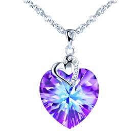 INFINIONLY Women's girl's Heart Crystal Necklace Pendant, Elegant 925 sterling silver necklace, Heart of the Ocean colored crystal necklace pendant, with mini heart, 45cm chain, zircon, slight purple