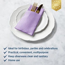 PAW - Linen Feel Napkins with Built-in Flatware Pocket, Airlaid Paper Pre-Folded Napkins for Silverware, Wedding Party, Dinner, Birthday, Gatherings, Monocolor Violet, 50 Count