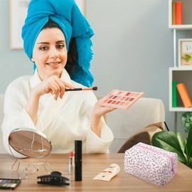 Floral Pattern Large Capacity Quilted Cosmetic Bag Soft Cotton Makeup Brush Beauty Tool Bag