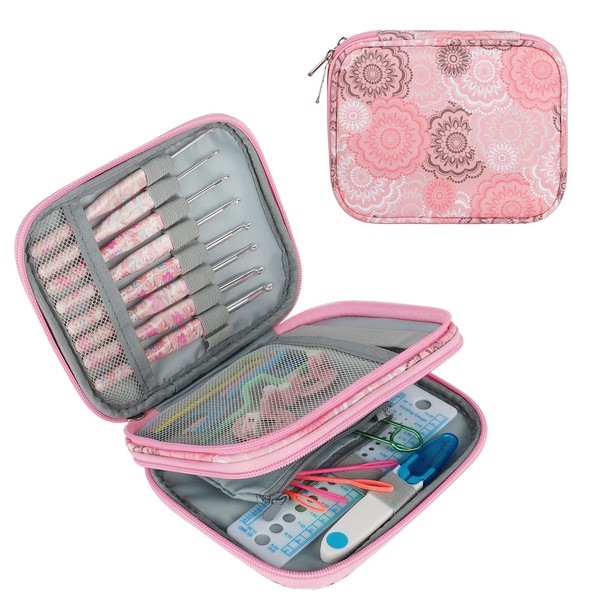 Aeelike Short Mandala Crochet Hook Case, Pink Crochet Bag Organiser with Double Storage Compartment, 17.5 x 14 x 4 cm, Zip Storage Bag for Crochet Hooks, Accessories (Bag Only)