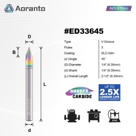 Aoranto ED33645 45-Degree V-Groove Router Bits 1/4" Shank, Industrial Quality Extra Long Life Coating Soild Carbide Chamfer CNC Engraving Bit for Wood Carving Engraving, 3 Flutes 1/4" Dia x 0.3" CL
