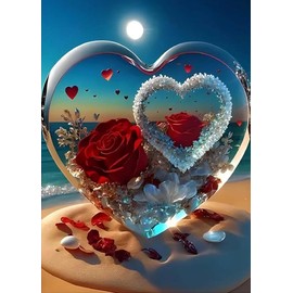 KINPLUB 5D Diamond Painting Kits for Adults, Roses in Love Beach Diamond Art Kits for Adults Beginners, DIY Full Drill Paint with Round Diamond Dots, Home Wall Decor 12x16 Inch