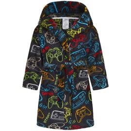 CJMJXPH Boys Soft Hooded Bathrobe Kids Warm Gamer Fleece Robe Sleepwear Black Gamepad 9-12 Years