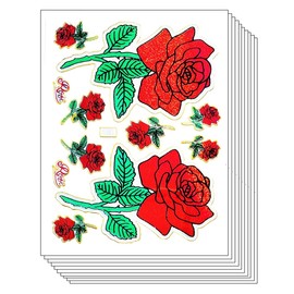 Stickers Glitter Pack 10 Sheets Red Rose Flowers Love Valentines Cartoon Label Stickers Craft Scrapbooking Books Cup Water Bottles DIY Decoration for Kids and Teachers (03)