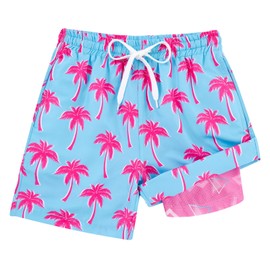 Cozople Pink Boys Swim Trunks Size 8 Stretchy Compression Liner Swim Shorts Quick Dry Palm Tree Bathing Suit No Mesh Surf Swimsuit with Inner Pocket for Summer Vacation