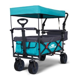 TMZ Collapsible Folding Outdoor Utility Wagon with Removable Canopy - 265lbs Heavy Duty Trolley with Rubber Wheels, Adjustable Handles, Rear Basket, for Shopping, Picnic, Camping (Turquoise/Grey)