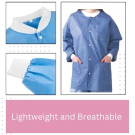 BRITEDENT Disposable Gowns Large. Pack of 10 Blue Surgical Gowns. 45 GSM SMS Unisex Medical Gowns with Long Sleeves, Knit Collar, Cuffs, 3 Pockets. Disposable Lab Jacket for Men and Women. (Large)