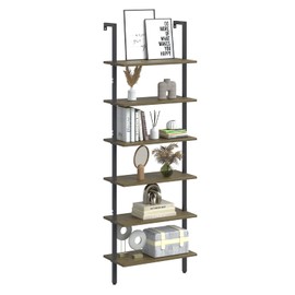 Wolawu Ladder Shelf Black 6 Tiers Modern Bookshelf Room Organizer Open Tall Wall Mount Bookcase Standing Leaning Wall Shelves Industrial Decorative Living Room Bed Room