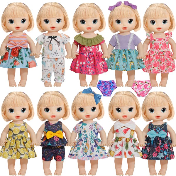 HOAKWA 10 Sets Alive Doll Clothes and Accessories Fits 10-11-12 Inch Baby Dolls, American 14-14.5 Inch Dolls, with Underwear and Hair Clip Doll Clothing Dress Outfits