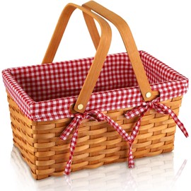 Bekith Picnic Basket Natural Split Shopping Storage Basket Woven Hamper Storage with Double Folding Handles, Pink Lining