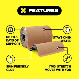 SPORTTAPE Extra Wide Kinesiology Tape 10cm x 5m - Beige | Extra Sticky, Waterproof, Hypoallergenic | Wide Sports Tape, Physio Tape for Muscle Injury & Lower Back | Uncut - Single Roll