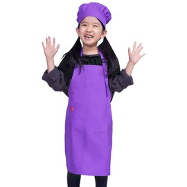 ALIPOBO Kids Apron and Chef Hat Set, Children's Adjustable Bib Apron with 2 Pockets. Cute Boys Girls Kitchen Apron for Cooking, Baking, Painting, Training Wear (2-5 Year, Purple)