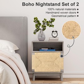XIAO WEI Large Night Stand Set of 2 with Hand-Woven Natural Paper Rope Doors, Boho Nightstand Bed Side Table Accent End Table, Grey
