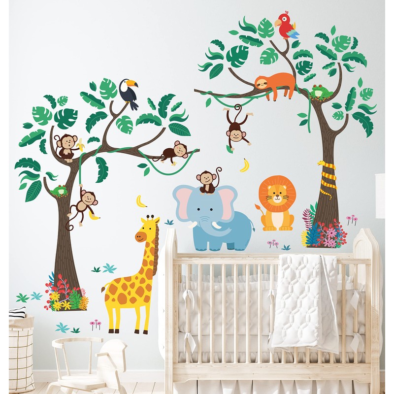 DECOWALL Jungle Trees and Animals Wall Sticker Decor Kindergarten Nursery