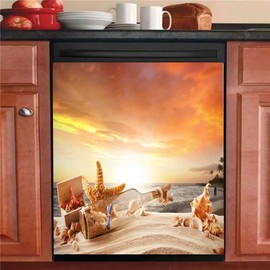 Starfish Dishwasher Door Magnet Sticker Cover Kitchen Decor,Sunset Glow Printed Magnetic Seashell Panels for Refrigerator, Ocean Sea Star Fridge Decal for Home Appliances 23''x26''