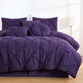 Chezmoi Collection Sydney 7-Piece Pinch Pleat Pintuck Bedding Comforter Set (King, Dark Purple)