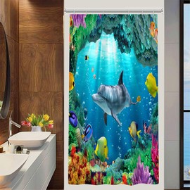 Yeele Blue Ocean Shower Curtains Lovely Dolphin Shower Curtain Waterproof Polyester Tropical Fish Shower Cutains Undersea World Bathrooms Curtains with Hooks,48x72in