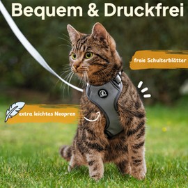 Tierhood® Cat Harness, does not need to be pulled over head - Includes Lead - for Small & Large Cats - Harness Set with Cat Lead - Cat Harness - Cat Harness - Cat Harness with Lead Escape Proof (S, Grey)