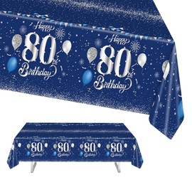 80th Birthday Table Cloth, 137x274cm Tablecloths Blue and Sliver 80th Birthday Party Table Decor, Plastic Waterproof Rectangular Table Cover for Men Women, Birthday Gifts Party Table Decoration