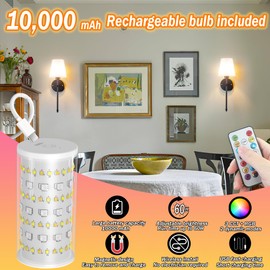 Wall Sconces Set Of Two Battery Operated, Wireless Sconces Wall Lighting Indoor Battery Operated Sconces With Remote Control, 10000mAh RGB Dimmable Rechargeable Wall Sconce For Bedroom, Including Bulb