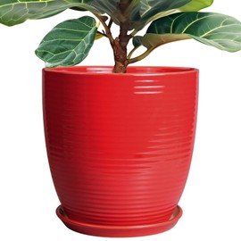 EPFamily Ceramic Pot for Plants 12 Inch - Plant Pot Indoor with Drainage Hole and Saucer Round Large Planter for Outdoor Plants Mid Century Modern Flower Pot for Home Decor Red