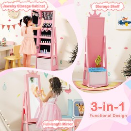 GLACER 360° Swivel Kids Jewelry Armoire with Full-Length Mirror, 47" Standing Child Jewelry Cabinet with Foldable Drawer, Back Storage Shelf, Kids Vanity Dress Mirror Jewelry Cabinet for Girls (Pink)
