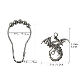 Dragon Shower Curtain Hooks Decorative Rings for Bathroom Cool Kids Bath Decor Rust-Resistant Stainless Steel Curtain Rings Pack of 12 (Silver)