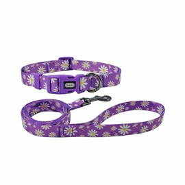 Olahibi Dog Collar Leash Set, Floral Pattern, Polyester Material, Adjustable Collar and 5ft Matching Leash, for Medium Dogs.(M, Purple Daisy)